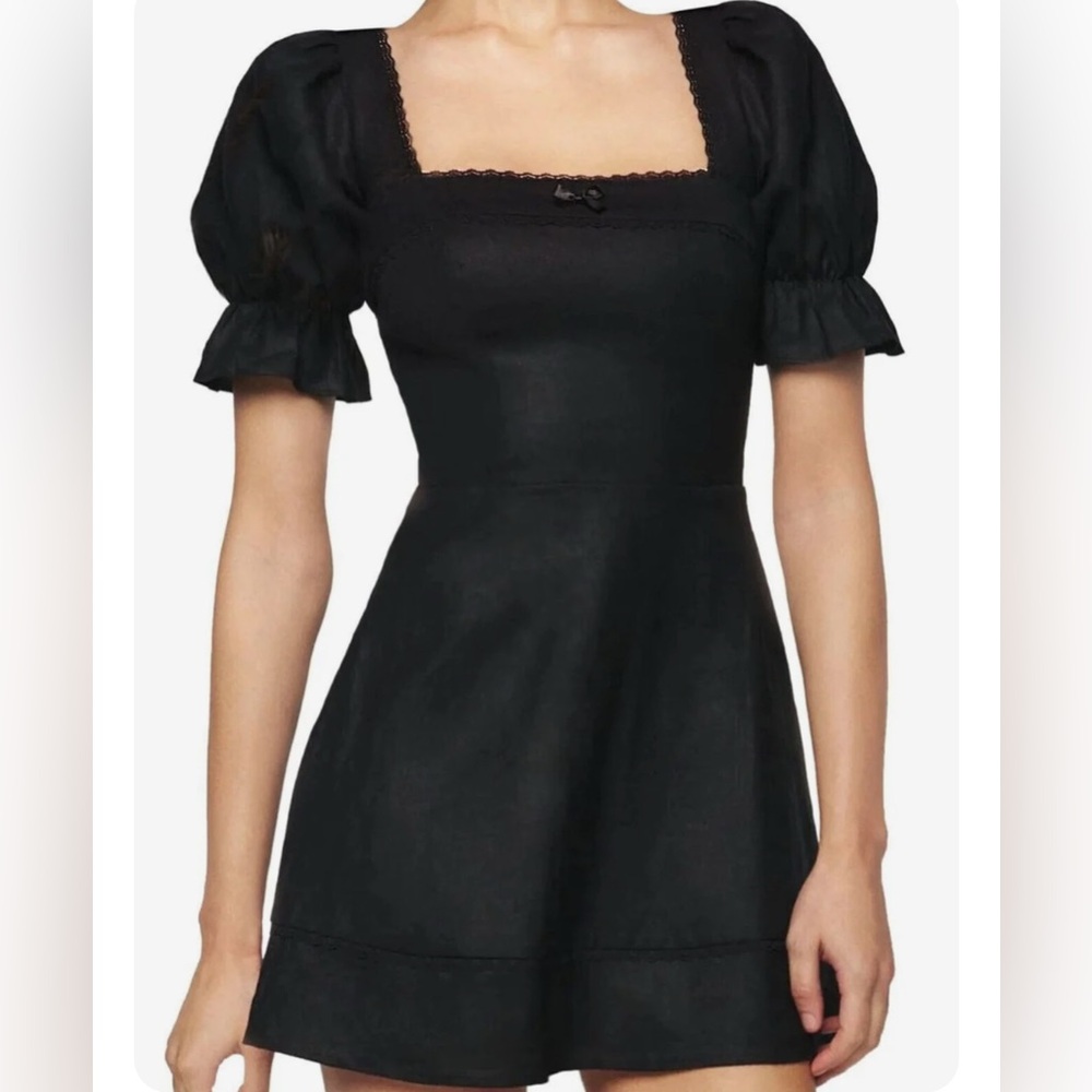 Reformation Eviana Black Mini Dress with Puff Sleeves